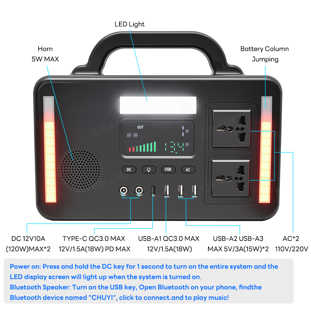 Portable Power Station 300W Power Bank with AC Outlet 216Wh Solar Generator with LED Light Bluetooth Speaker Portable Generators Battery Backup Power Supply for Outdoor Camping Travel Emergency
