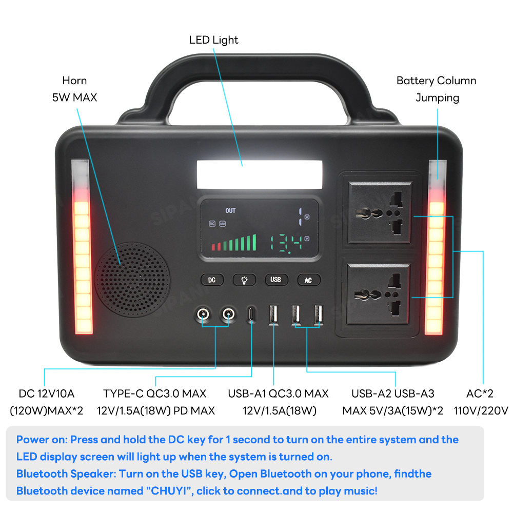 Portable Power Station 300W Power Bank with AC Outlet 216Wh Solar Generator with LED Light Bluetooth Speaker Portable Generators Battery Backup Power Supply for Outdoor Camping Travel Emergency