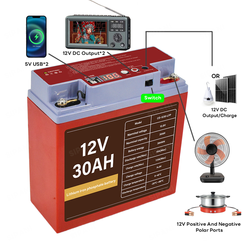 12V 30Ah Home Outdoor Lighting Power Station Rechargeable Lithium iron phosphate Battery Lifepo4 Battery with USB Video Player DC Output Port