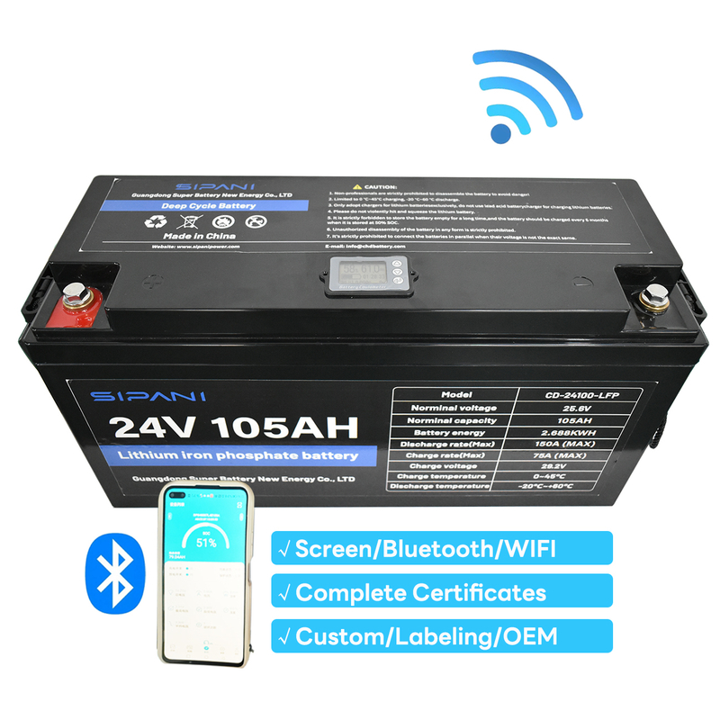 24V 105Ah Lifepo4 Battery Deep Cycle LFP Lithium Battery with Screen