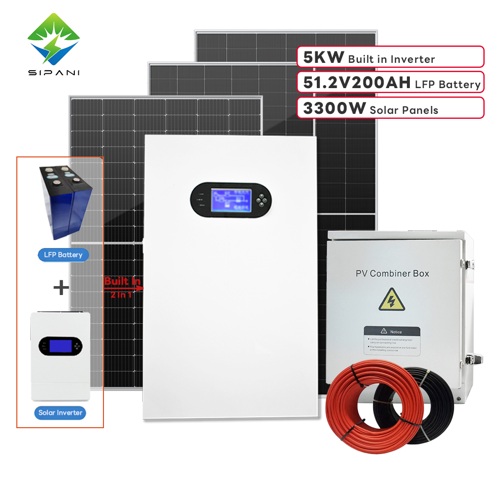 Built In Hybrid Inverter 5kVa Lifepo4 10kWh 48v Lithium Battery Pack Powerwall All In One with 3300W Solar Panels Kit for Home Residential Hotel System