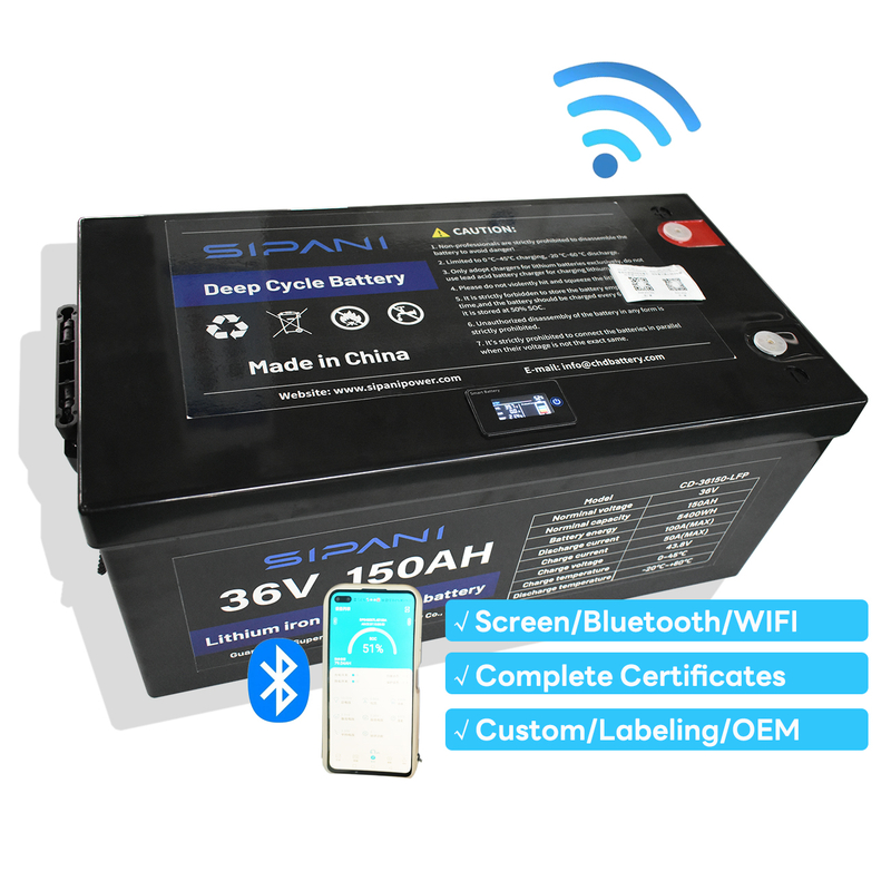 36V 50ah 100ah 150ah Lifepo4 Solar Energy Storage Backup Lithium Iron Phosphate Battery with Bluetooth Screen Display Charger