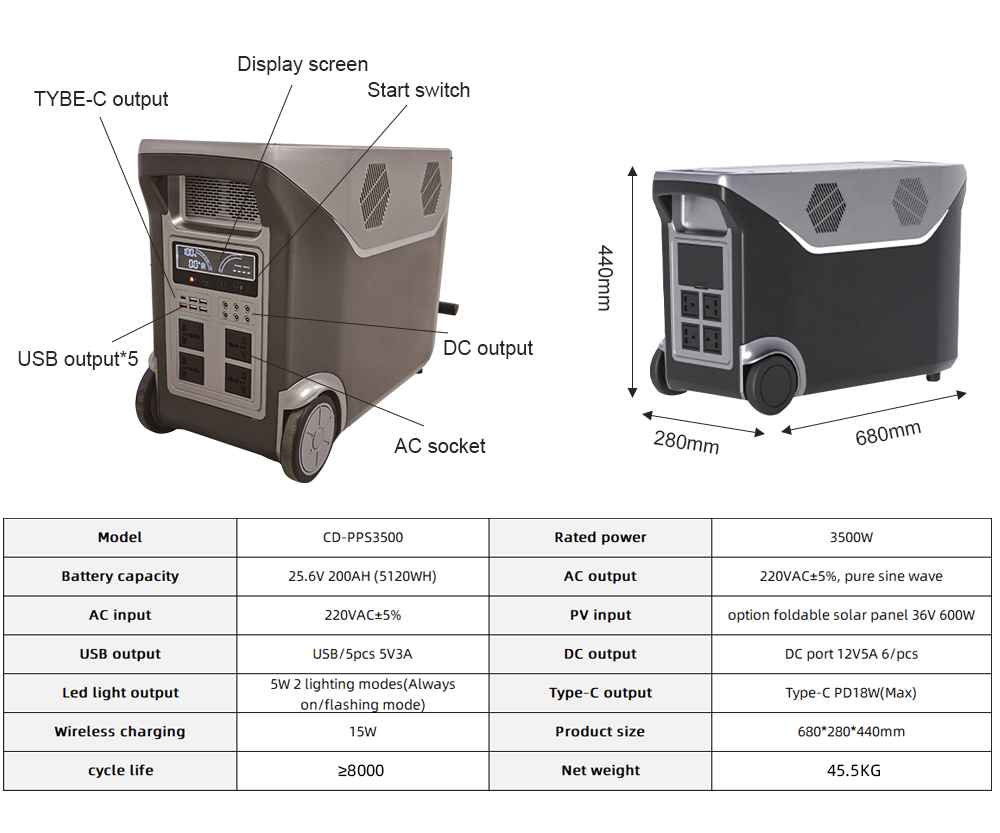 3500W 200AH Convenient Solar LiFePO4 Battery Mobile Lifepo4 Battery Power Station Camping Power Station